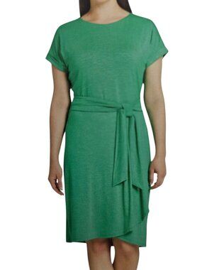 Chaps New Crewneck Knit Tie Waist Stretch Short Sleeve Green Midi Dress Size L